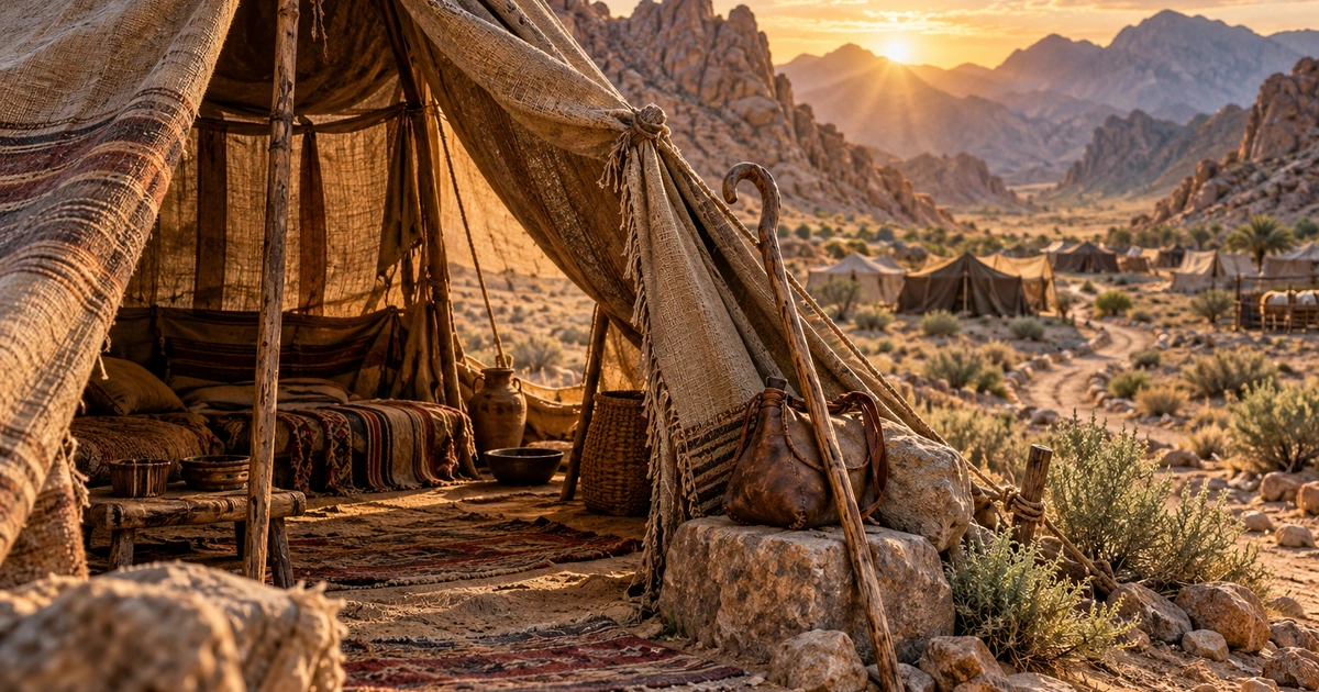 Uma tenda de tecido rústico, um cajado e um odre junto a um caminho em um vale rochoso ao amanhecer.