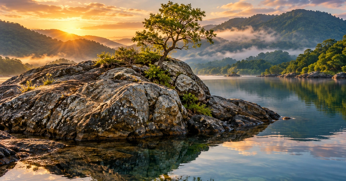 Uma árvore cresce sobre uma ampla rocha junto a águas tranquilas, com montanhas e luz do amanhecer ao fundo.