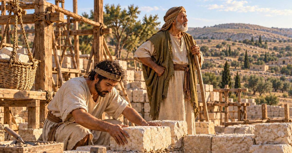 Dois homens em um canteiro de obra antigo, um deles ajustando uma pedra em uma parede ainda baixa.