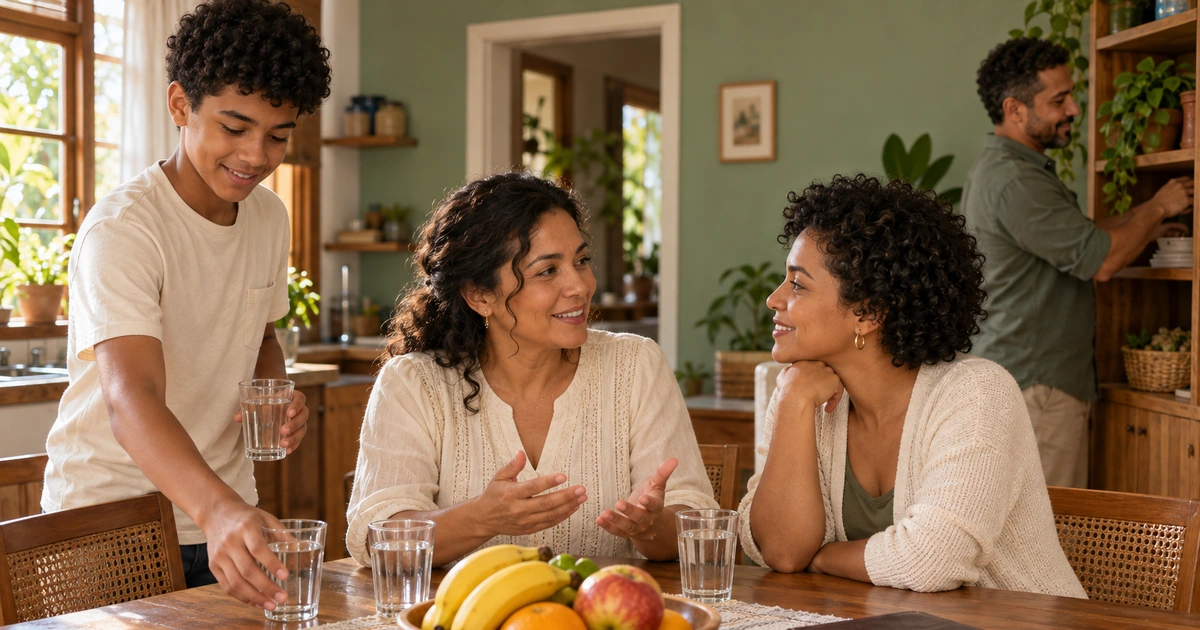 Duas mulheres conversam à mesa enquanto outros familiares cooperam com tarefas em uma cozinha acolhedora.