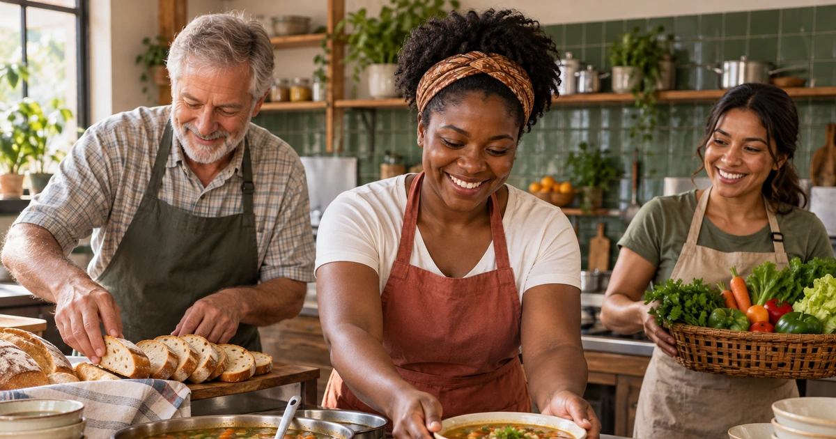 Três adultos cooperam no preparo de uma refeição em uma cozinha comunitária, com sopa, pão e vegetais.
