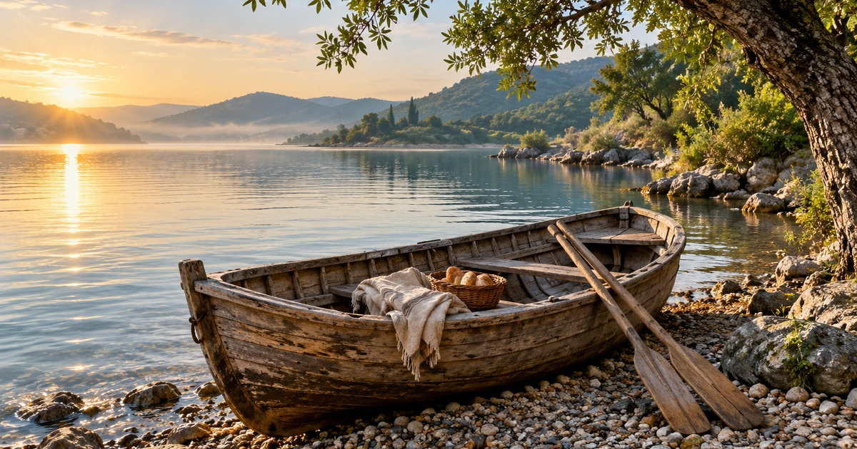 Um barco de madeira com remos, um tecido dobrado e uma cesta de pão repousa na margem tranquila de um lago.