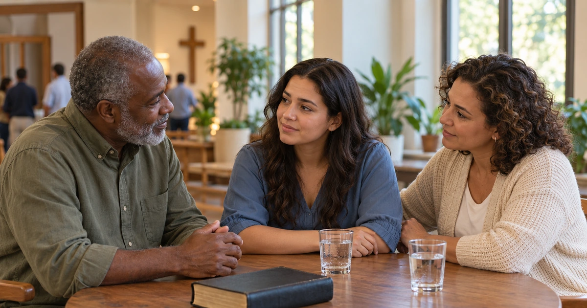 Três adultos conversam com atenção ao redor de uma mesa em um ambiente de igreja, com uma Bíblia fechada e copos de água.