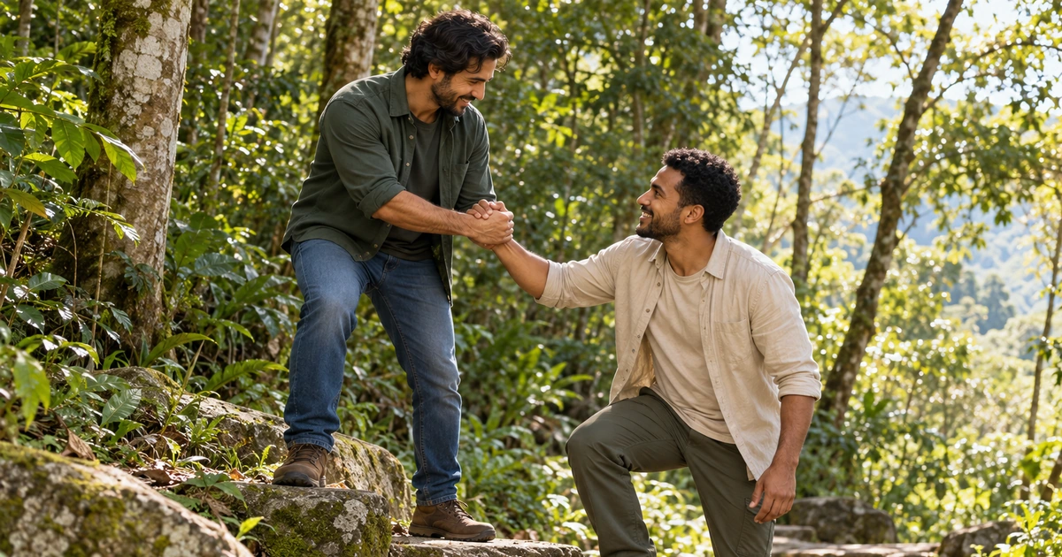Dois amigos se ajudam a subir um pequeno degrau de pedra em uma trilha arborizada e segura.