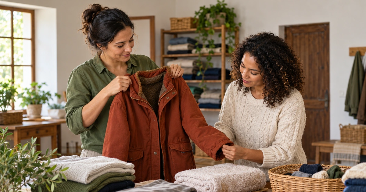 Duas mulheres preparam roupas limpas e verificam um casaco antes de oferecê-los a alguém que necessita.