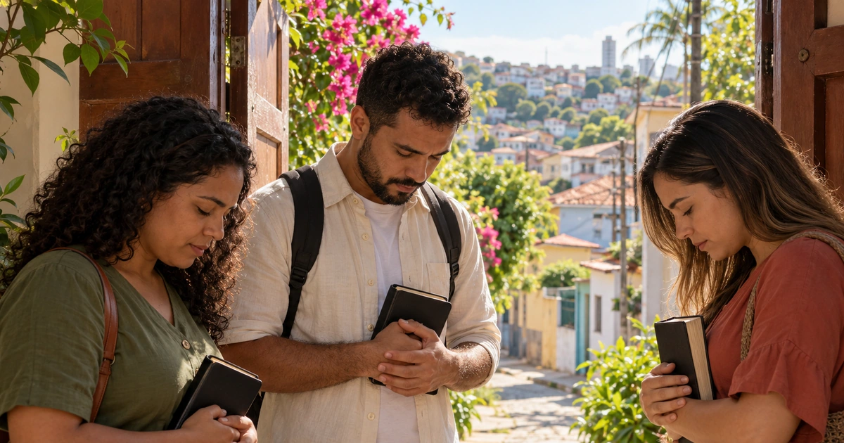 Três adultos oram juntos com Bíblias nas mãos junto à saída de uma igreja, antes de caminhar pelo bairro.