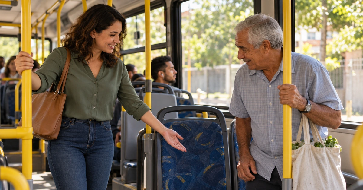 Uma mulher oferece um assento vazio a um homem mais velho dentro de um ônibus parado, numa cena cotidiana de gentileza.