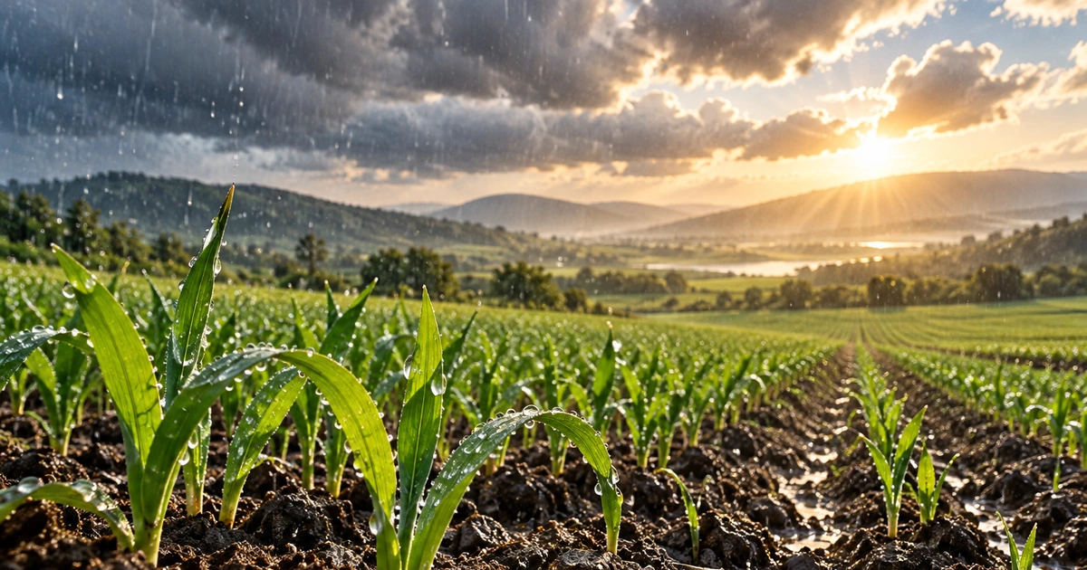 Chuva suave molha pequenos brotos verdes em sulcos de terra, enquanto a luz aparece entre as nuvens sobre o campo.