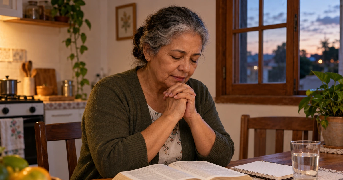 Uma mulher mais velha ora à mesa de casa ao anoitecer, com uma Bíblia aberta e um caderno por perto.