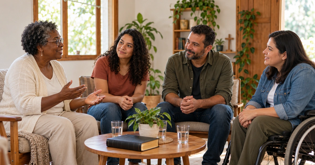 Pessoas de diferentes idades conversam com atenção em uma pequena reunião comunitária, todas participando no mesmo nível.