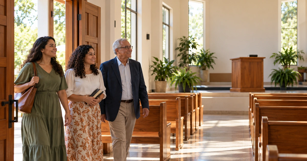 Duas mulheres e um homem mais velho entram em uma igreja simples, iluminada por janelas, com bancos de madeira e uma Bíblia sobre o púlpito.