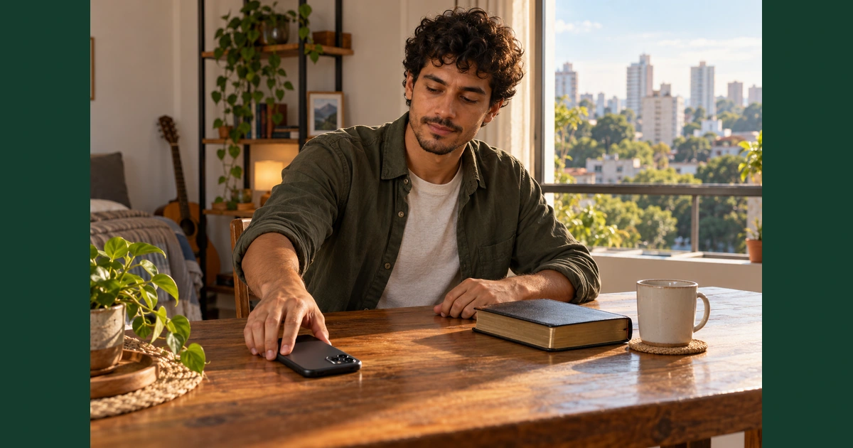 Um jovem coloca o celular com a tela para baixo sobre a mesa, ao lado de uma Bíblia fechada, fazendo uma pausa antes de responder.
