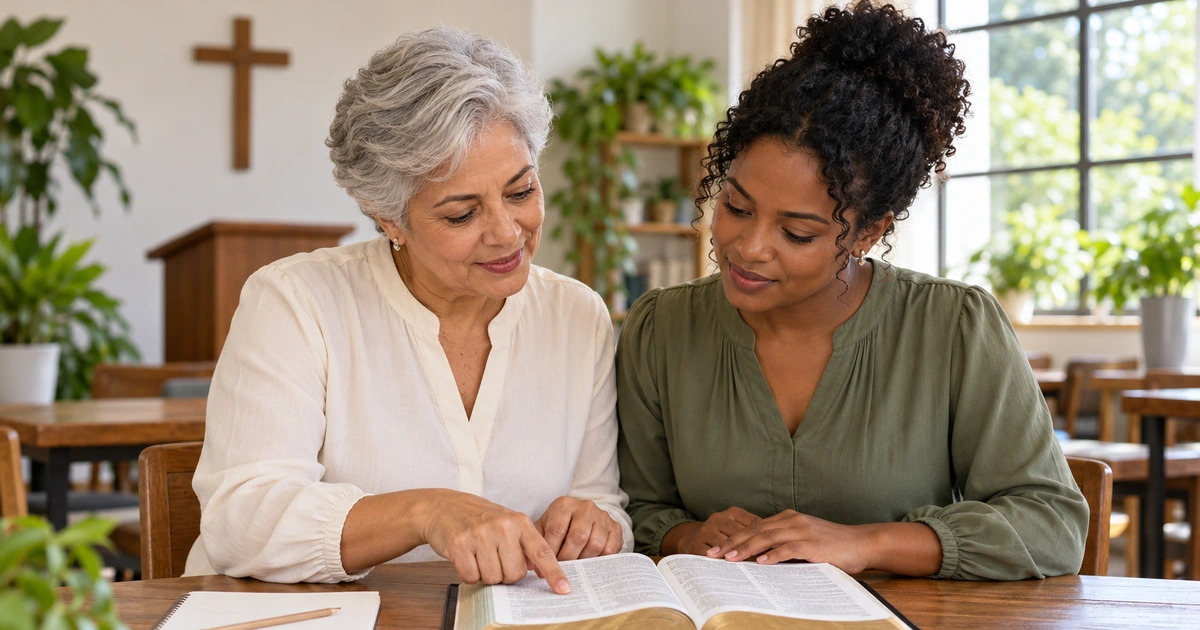 Duas mulheres conferem juntas uma passagem em uma Bíblia aberta, numa sala simples de ensino da igreja.