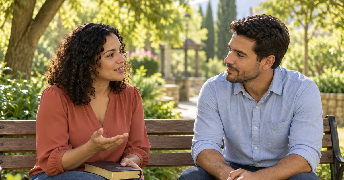 Uma mulher com uma Bíblia no colo conversa com um homem que a escuta atentamente, sentados em um banco de jardim.