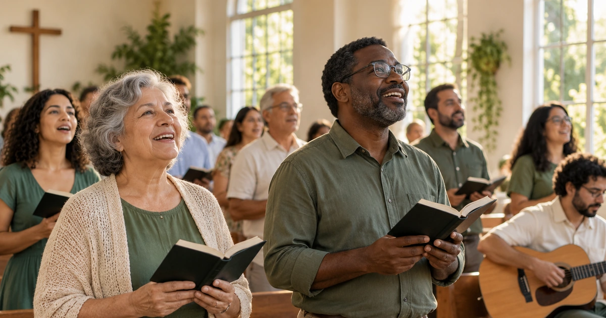 Pessoas de diferentes idades cantam em uma igreja simples, segurando hinários, enquanto um músico toca violão ao lado.