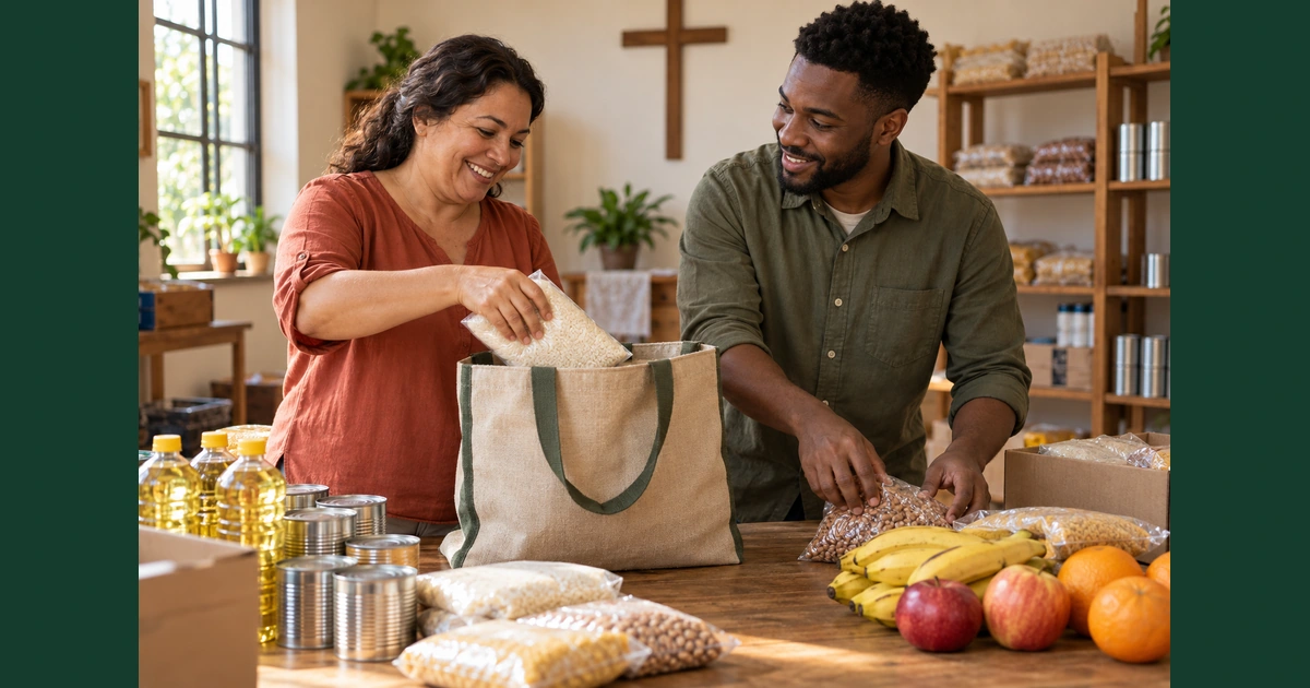 Dois adultos organizam alimentos e colocam um pacote de arroz em uma sacola, numa sala de apoio de uma igreja.
