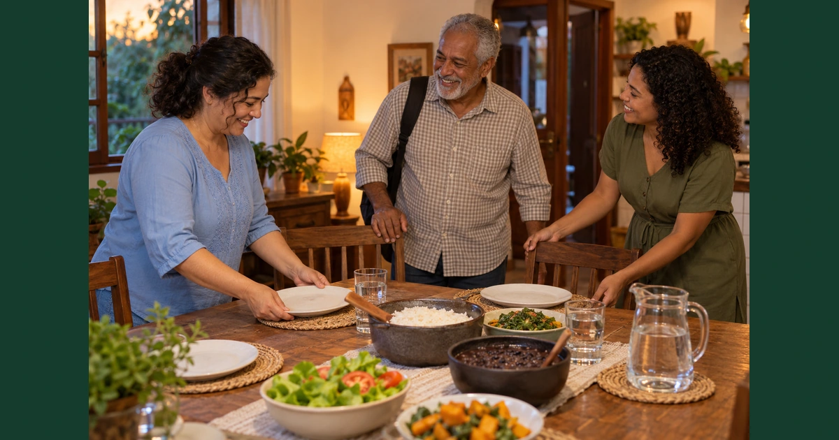 Duas mulheres recebem um homem mais velho para uma refeição simples, preparando o prato e aproximando uma cadeira da mesa.