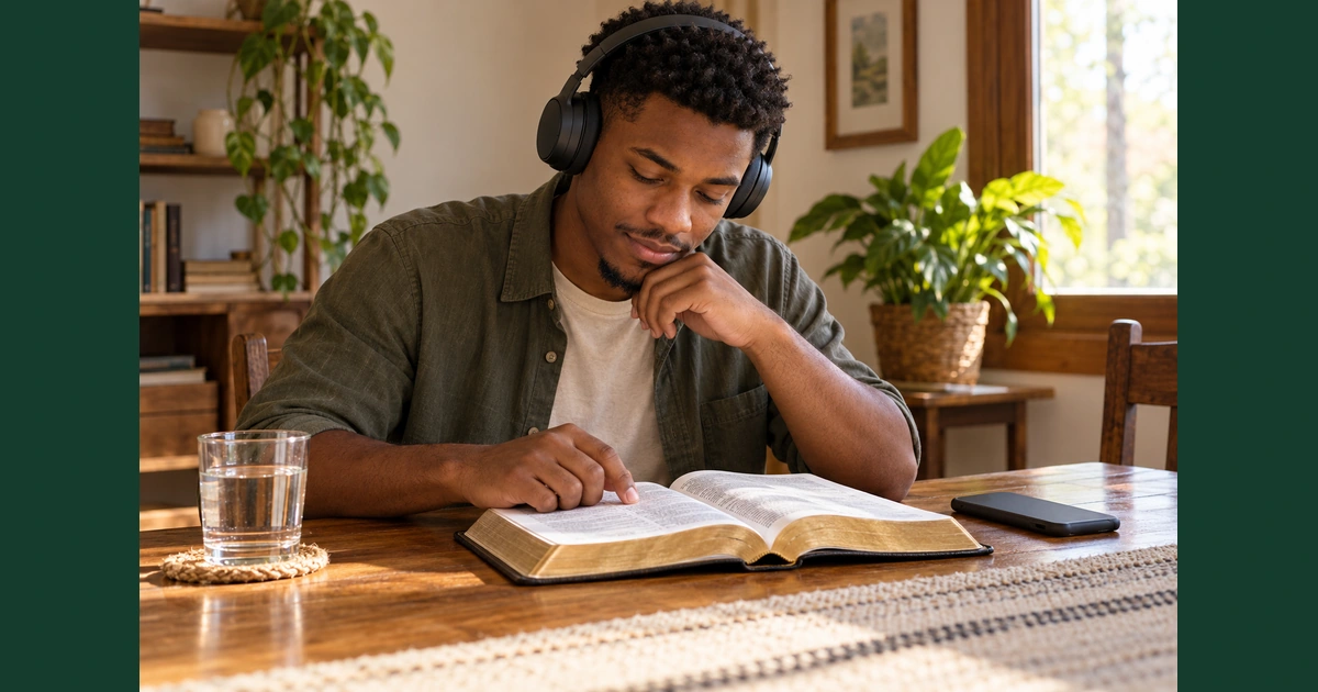 Um jovem com fones de ouvido acompanha uma Bíblia aberta sobre a mesa, prestando atenção à leitura.