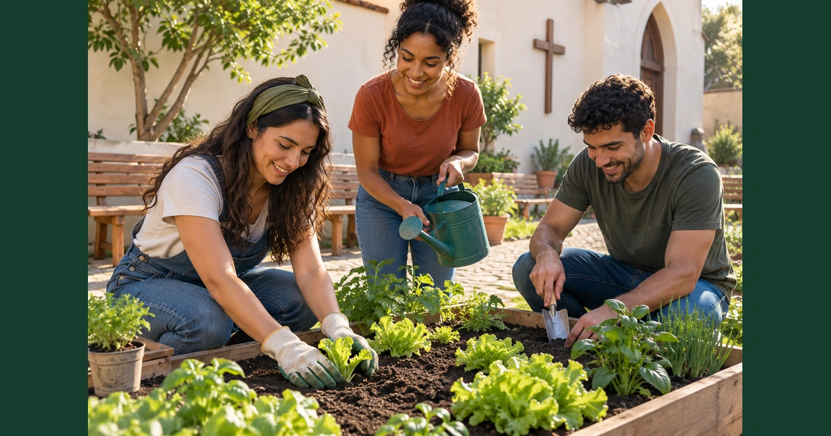 Três jovens adultos cooperam no cultivo de uma pequena horta, plantando uma muda, preparando a terra e segurando um regador.