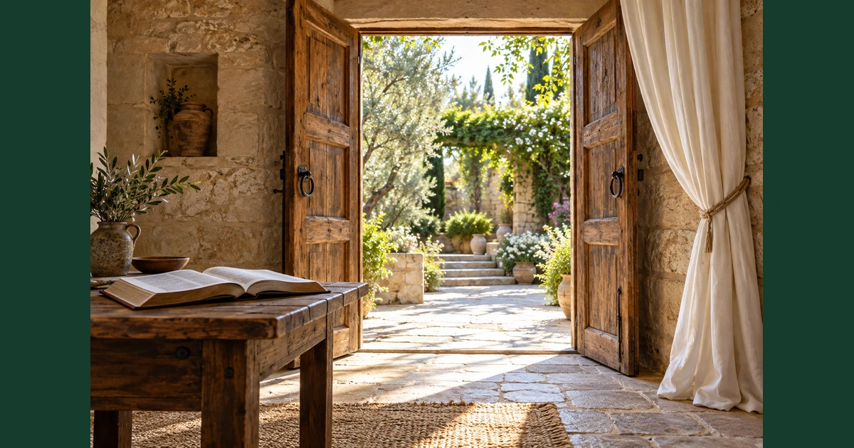 Portas de madeira abertas para um jardim iluminado, com uma cortina recolhida e uma Bíblia sobre uma mesa.