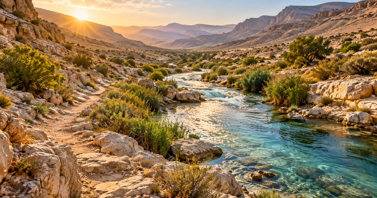 Um rio atravessa um vale árido de pedras claras, com vegetação nas margens e um caminho de terra próximo à água.