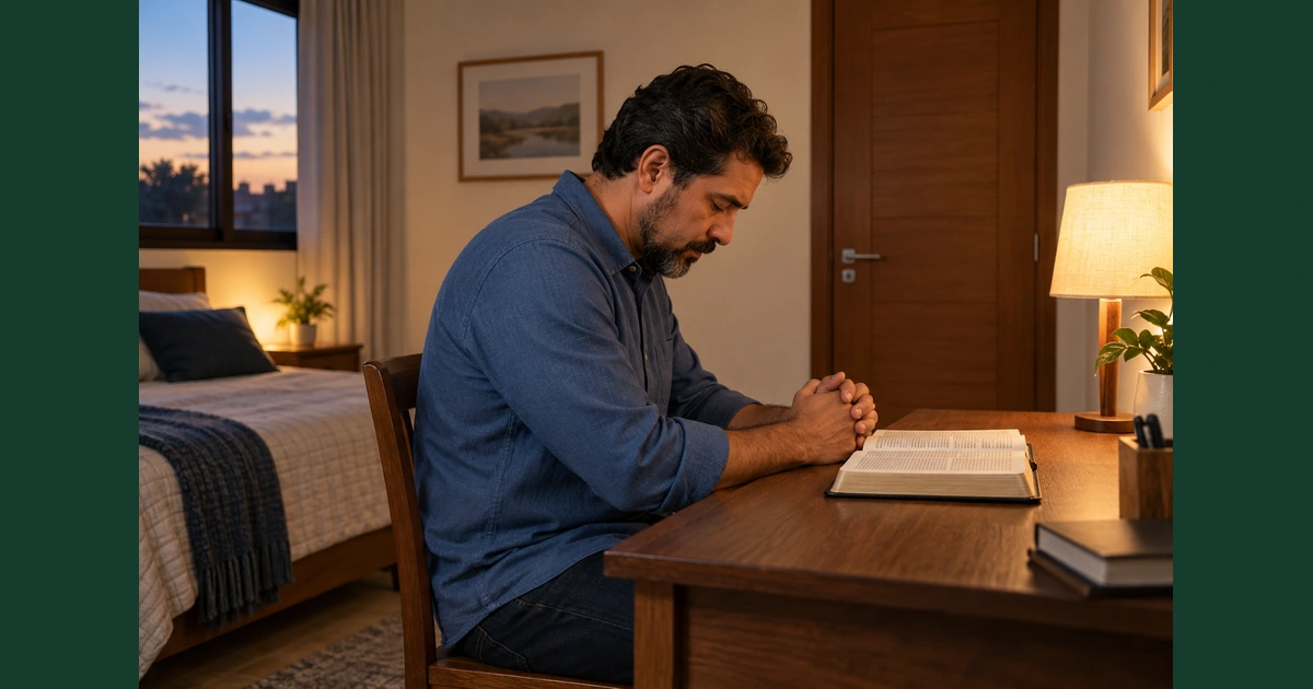 Um homem ora sozinho junto a uma mesa com uma Bíblia aberta, num quarto simples com a porta fechada.