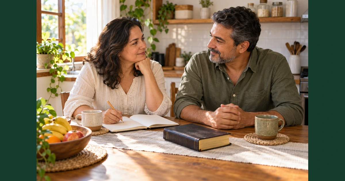 Um casal conversa com serenidade à mesa de uma cozinha, com um caderno, uma Bíblia fechada e objetos simples do cotidiano.
