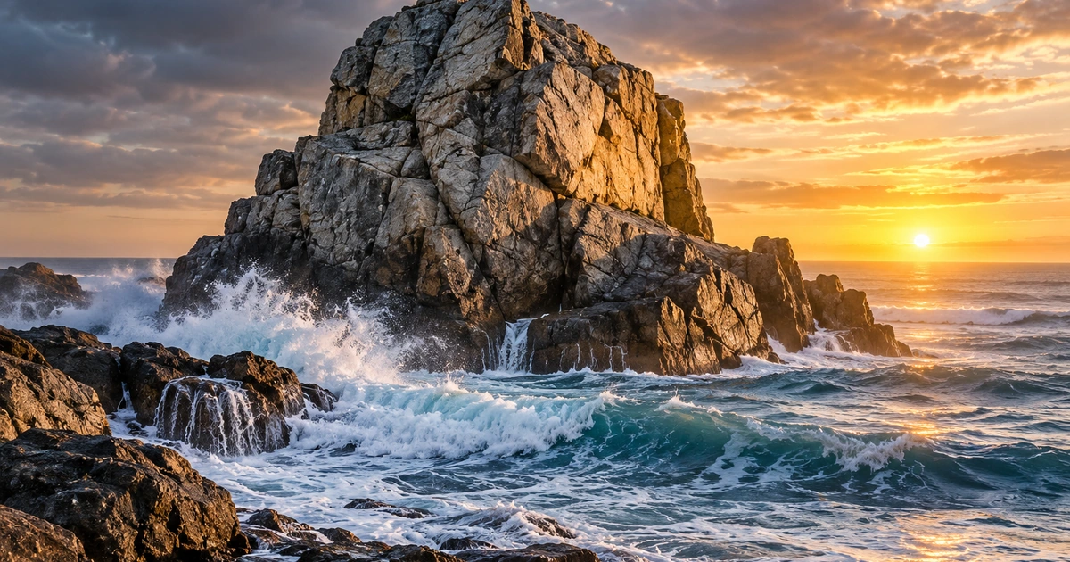 Uma grande formação rochosa permanece junto ao mar, com ondas em sua base e luz no horizonte.