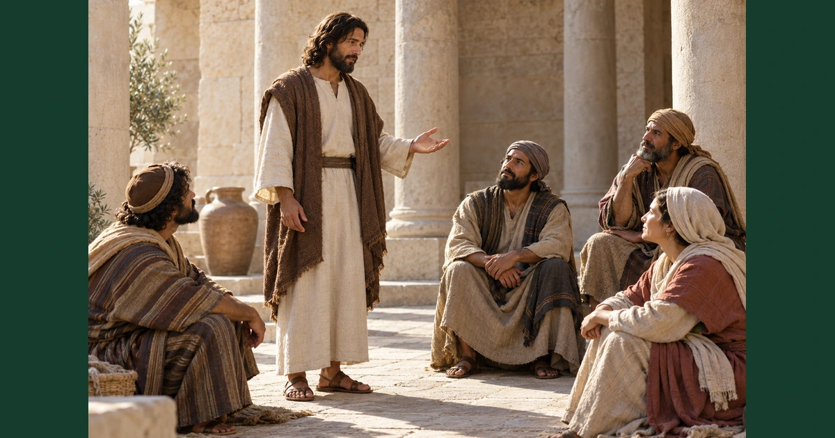 Representação artística de Jesus ensinando um pequeno grupo de adultos num pátio com colunas de pedra.