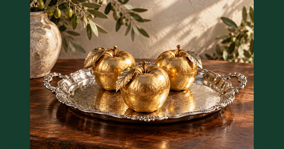 Três maçãs decorativas de ouro sobre uma bandeja de prata, iluminadas por uma luz suave.