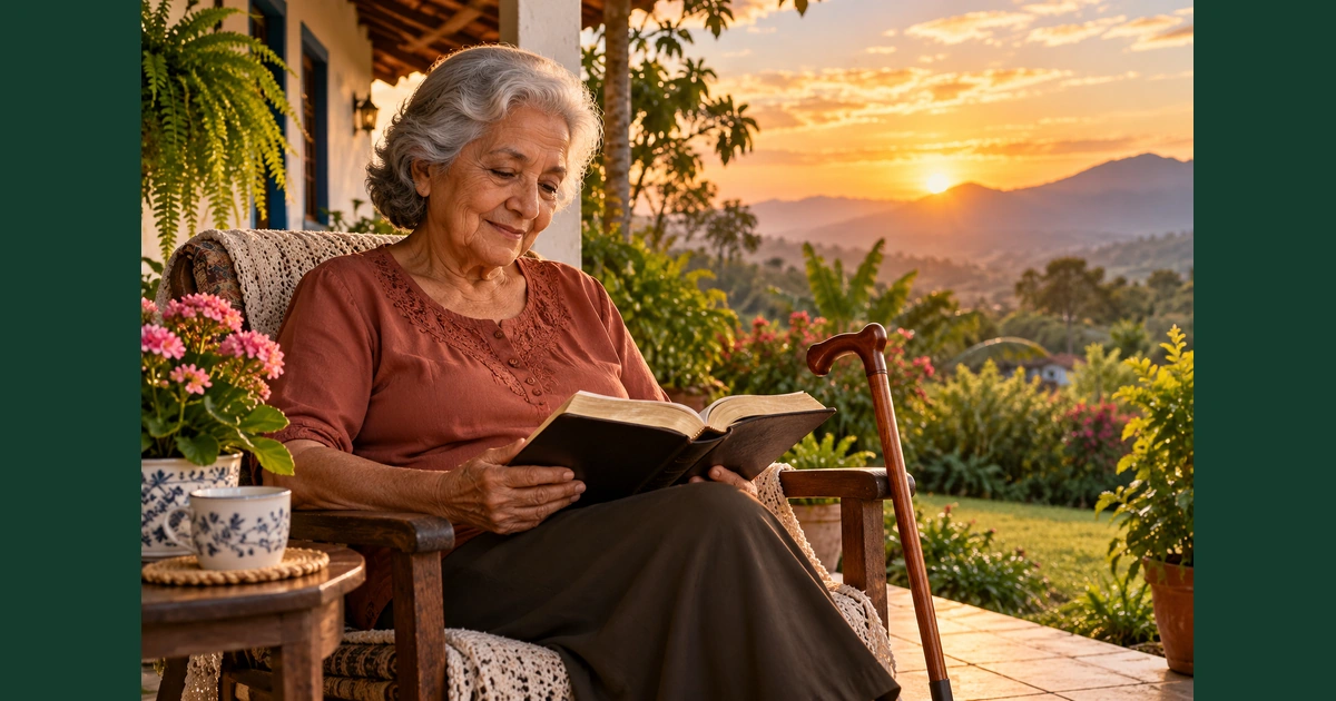 Uma mulher idosa lê a Bíblia na varanda, com uma bengala ao lado e um jardim iluminado ao amanhecer.