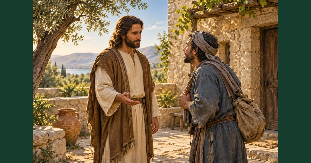 Representação de Jesus recebendo com atenção um viajante em um pátio simples de pedra.