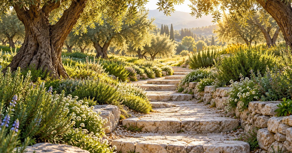 Um caminho de pedras com degraus suaves atravessa um olival iluminado pela luz da manhã.