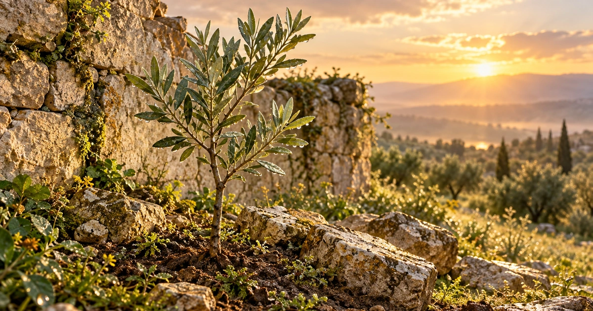 Uma pequena oliveira cresce junto às pedras de um muro desgastado, sob a luz suave do amanhecer.