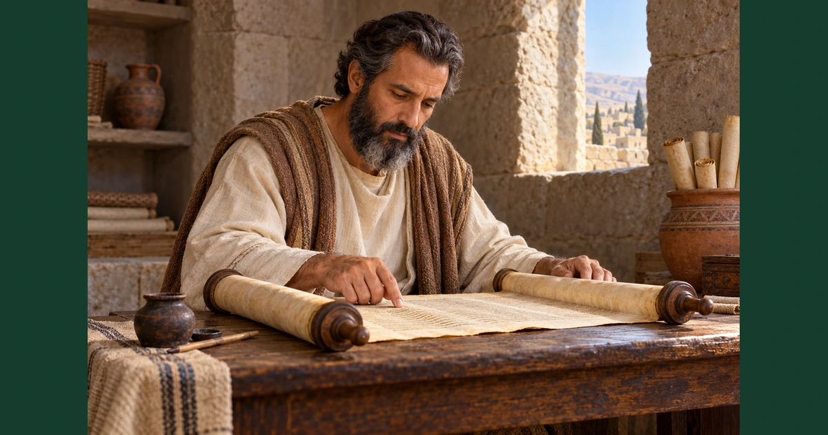 Representação de Esdras estudando um rolo aberto sobre uma mesa simples em um ambiente de pedra.
