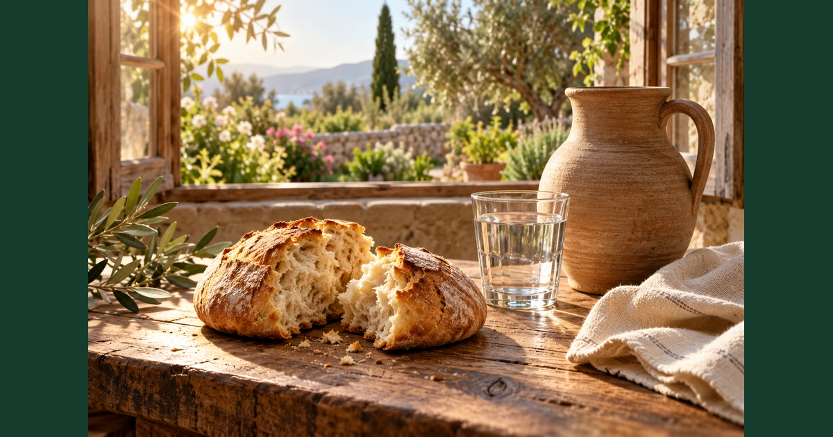 Pão repartido, um copo de água e uma jarra de barro sobre uma mesa iluminada junto à janela.