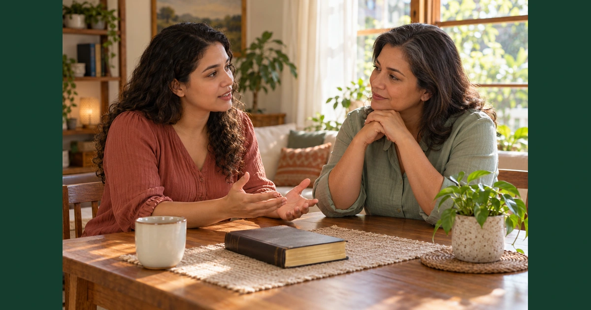 Duas mulheres conversam com atenção e respeito em uma sala reservada, com uma Bíblia sobre a mesa.