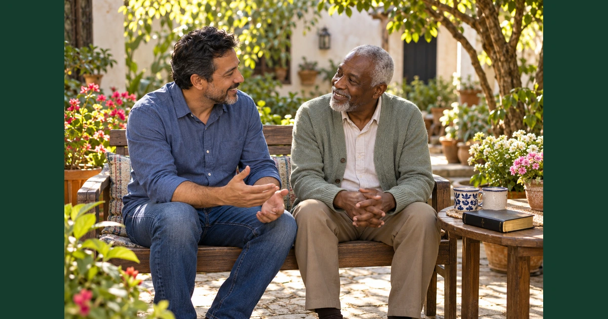 Dois amigos conversam com alegria e atenção em um banco de jardim, com uma Bíblia e duas xícaras ao lado.