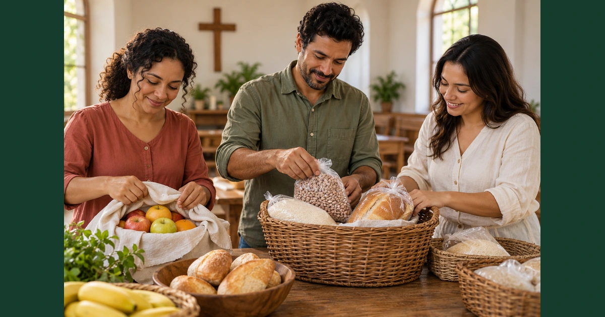 Três voluntários organizam frutas, arroz, feijão e pão em cestas sobre uma mesa de uma sala comunitária.