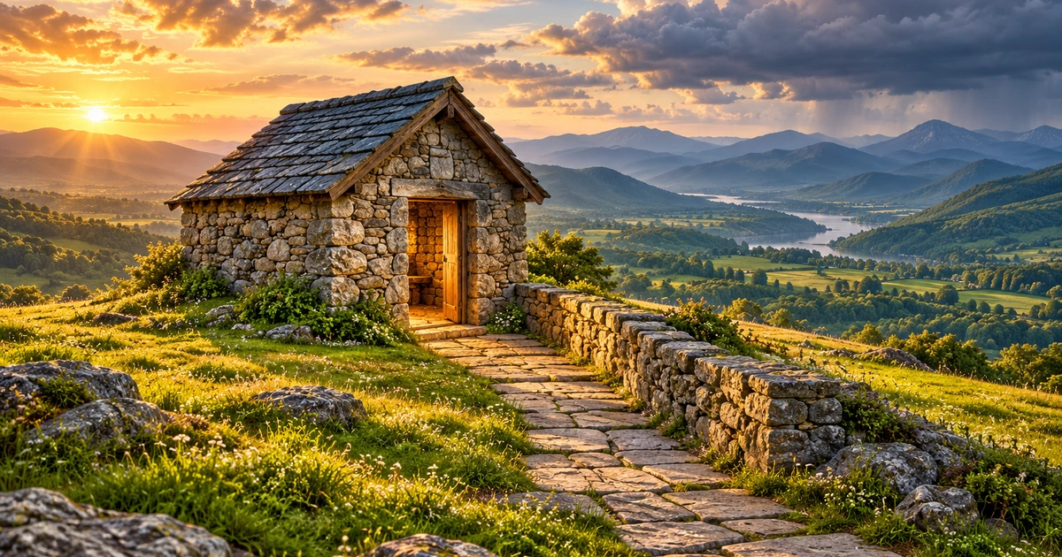 Um pequeno abrigo de pedra em um lugar elevado, com um caminho seguro e uma paisagem de montanhas ao fundo.