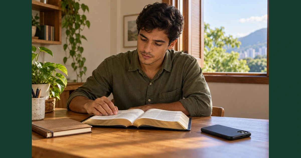 Um homem lê a Bíblia com atenção, com o telefone virado para baixo e um caderno sobre a mesa.