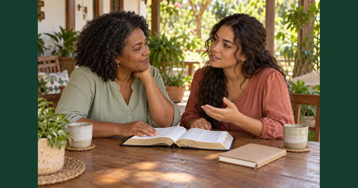 Duas mulheres estudam uma Bíblia e conversam com atenção em uma mesa de varanda.
