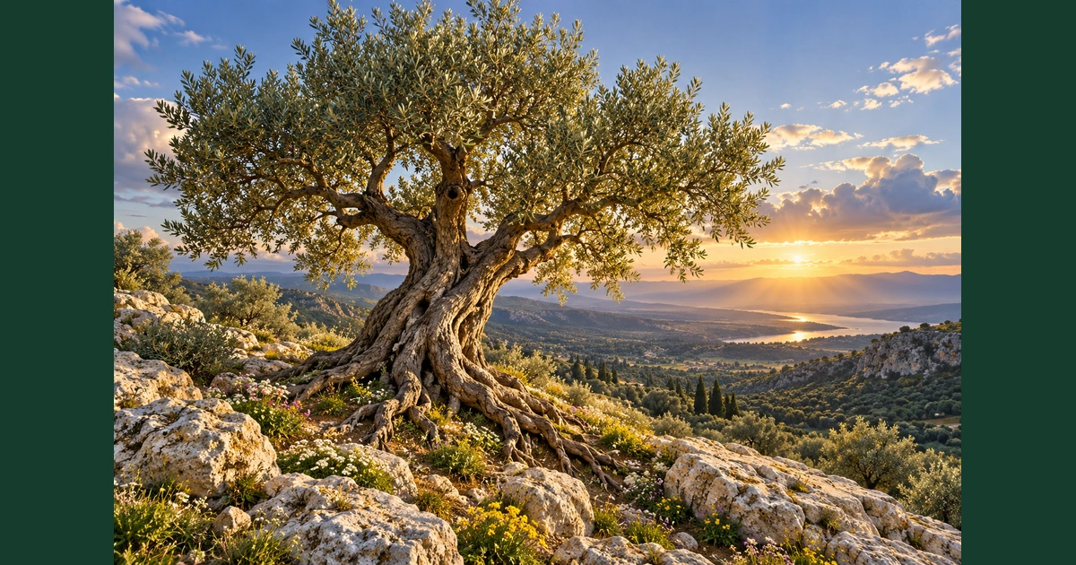 Uma oliveira de tronco firme e raízes visíveis cresce entre pedras sob a luz do amanhecer.
