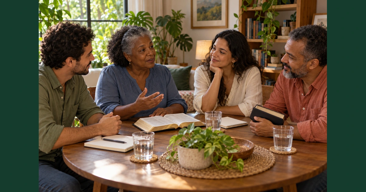 Quatro amigos conversam sobre a Bíblia em uma reunião simples em casa, com livros e cadernos sobre a mesa.