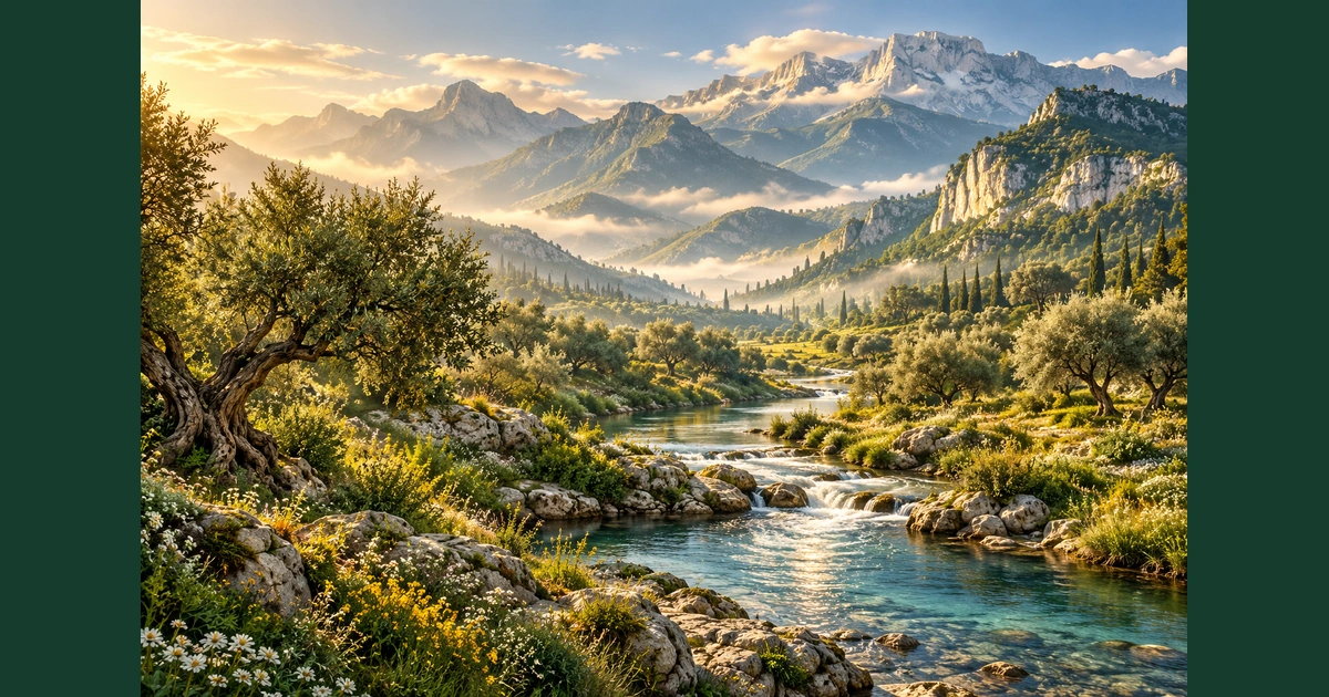 Paisagem ilustrada com montanhas firmes, vale verde e rio sob a luz da manhã.