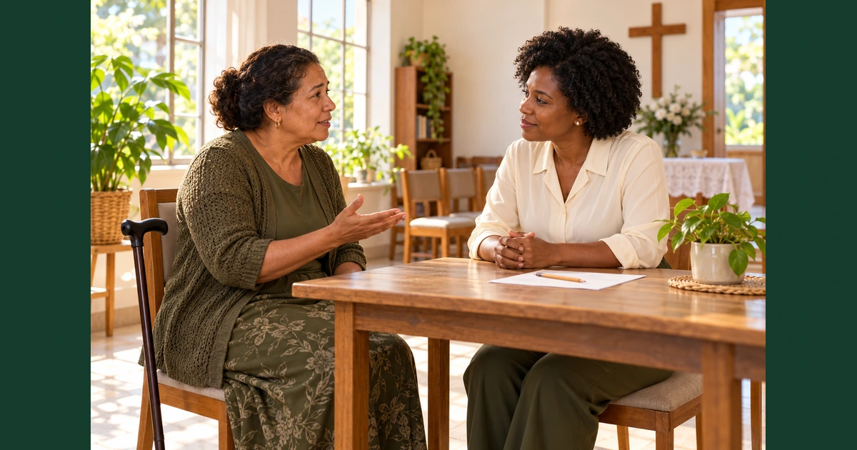 Mulher com bengala e voluntária conversam à mesma altura numa mesa de acolhimento iluminada.