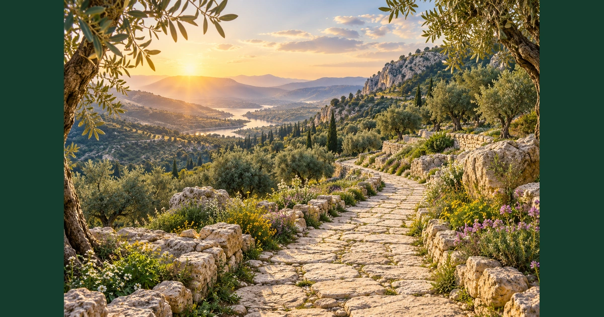 Caminho amplo de pedra atravessa uma paisagem montanhosa com oliveiras e luz suave.