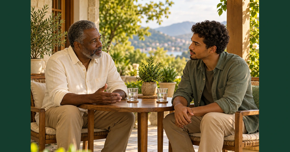 Dois homens conversam com atenção numa varanda, sentados à mesma altura diante de uma mesa simples.