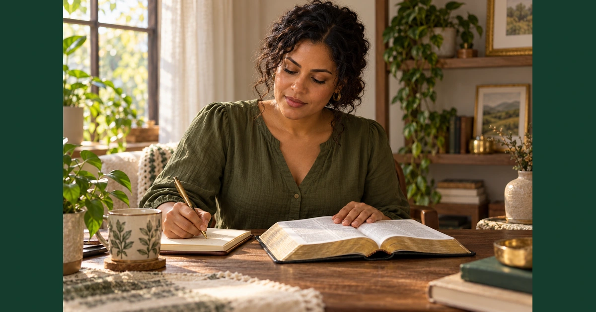 Mulher anota uma reflexão ao lado da Bíblia aberta num ambiente tranquilo de leitura.