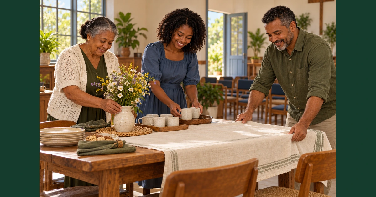 Voluntários de idades diferentes organizam juntos uma mesa de acolhimento numa igreja simples.